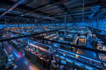 Fototapeta premium Industrial technology equipment factory. Manufacture production room plant. Business machine system automation power. Line machinery interior center, storage modern connection.