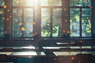 Sunlight streams through windows in an empty classroom, creating a peaceful and serene atmosphere with dust particles dancing in the golden light.