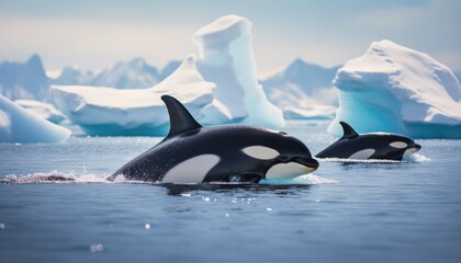 Groups of Orcas or killer whales swim and hunt for prey, the top of the food chain in a sea of ​​ice floes