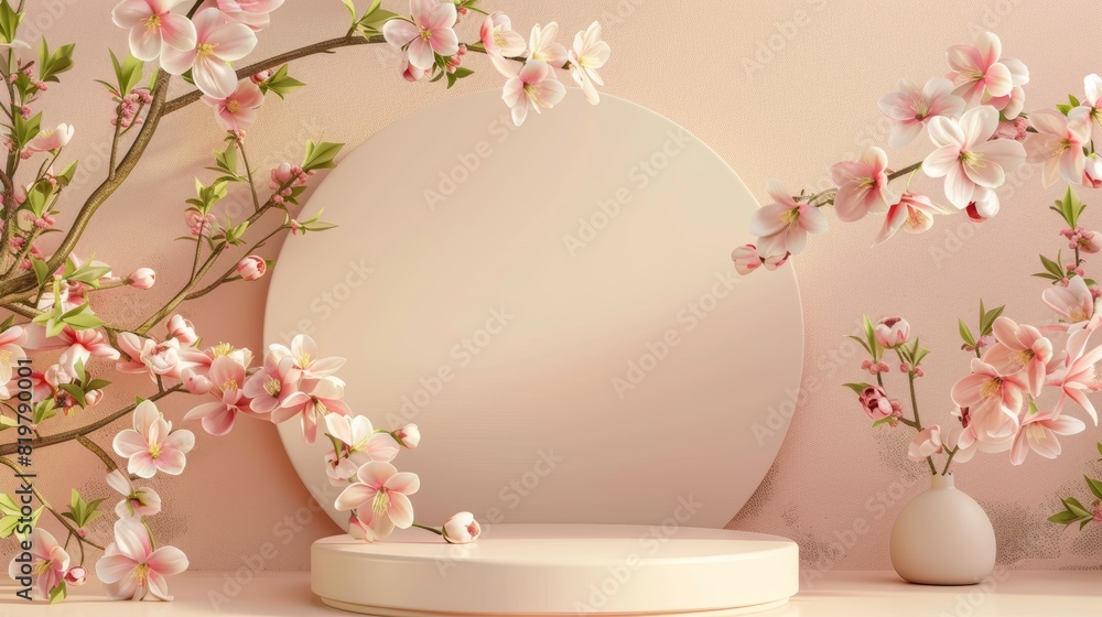 Poster 3d rendering of natural beauty podium backdrop with spring flower.