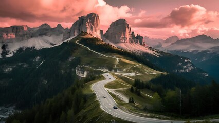 Dolomites landscape with mountain road.