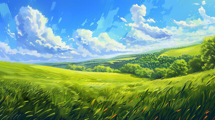 Tranquil panoramic view of sun-kissed green field under clear blue sky, with a gentle summer breeze.