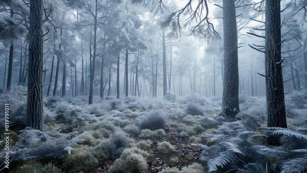 Poster a snowy forest with trees and a path
