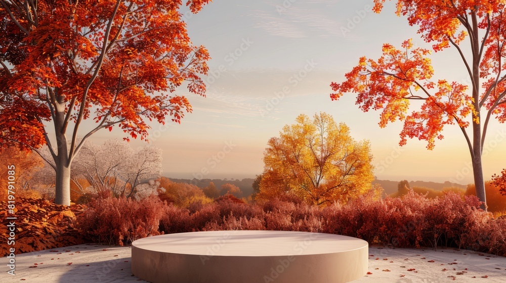 Poster Three-dimensional rendering of an abstract autumn landscape with a podium for displaying products...
