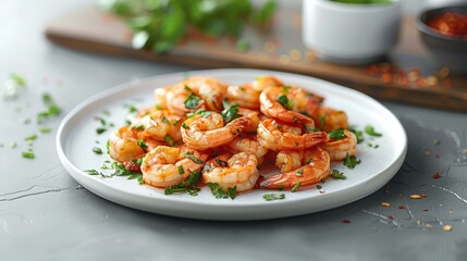 Plate of stir-fried shrimp on a white plate with cooked shrimp peeled off the shell. Generative AI.