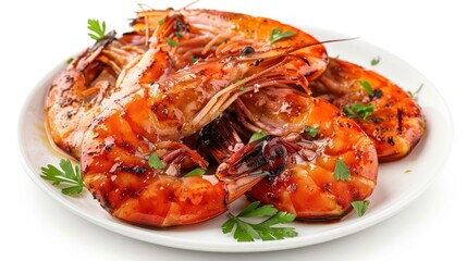 The savory delight of barbecued shrimp looks irresistibly delicious with white background