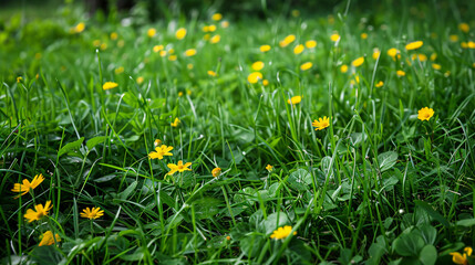 Spring-summer morning: lush green grass, wild yellow flowers adorn outdoor lawn