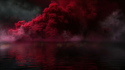 A mysterious scene where deep red smoke diffuses into a dark water background, suggesting themes of mystery and allure with a gothic twist. 32k, full ultra HD, high resolution