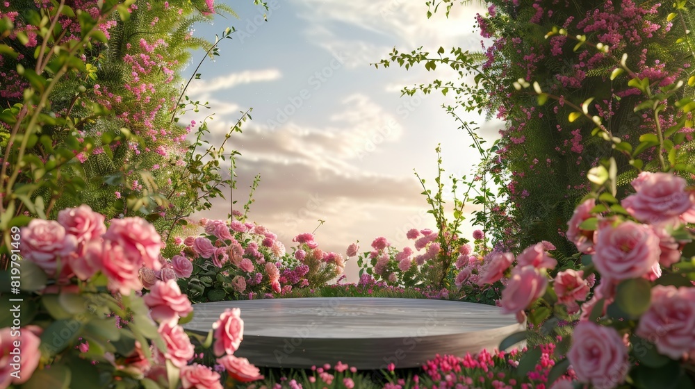 Wall mural Rose flower field scene on natural beauty podium backdrop. 3D rendering.