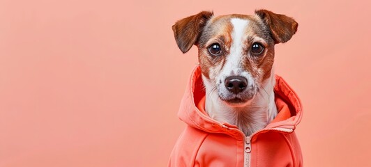 dog of the Jack Russell terrier breed in a tracksuit on a peach background. bright colors.