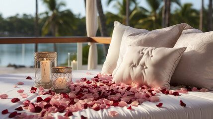 White bed for couples in a romantic and warm atmosphere.  Love valentine concept