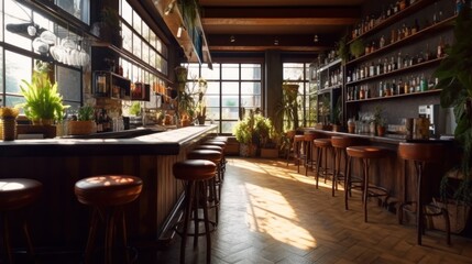 Fototapeta premium The cafe interior is warm and comfortable with abundant natural lighting. The interior of this cafe has a modern and minimalist aesthetic