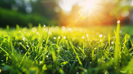 Youthful lush green grass glistens in the bright sunlight on a vibrant summer morning, captured in a close-up shot.