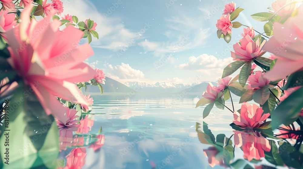 Poster an abstract spring summer landscape scene of flowers and a lake. a 3d render of the scene.