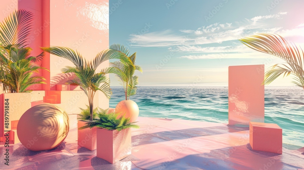 Poster a 3d rendering of an abstract summer landscape scene with geometric forms. the view is from an ocean