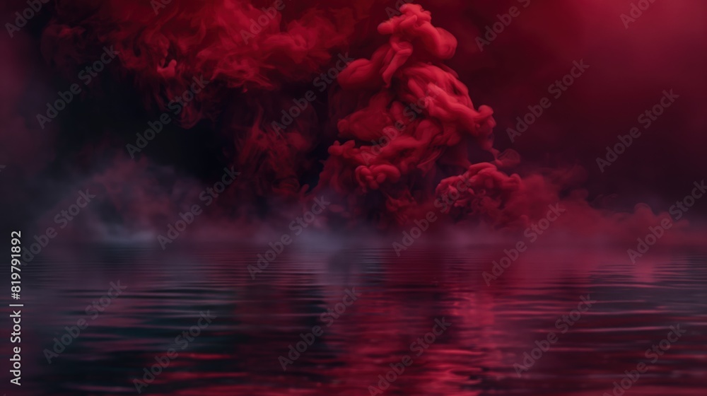 Poster a mysterious scene where deep red smoke diffuses into a dark water background, suggesting themes of 