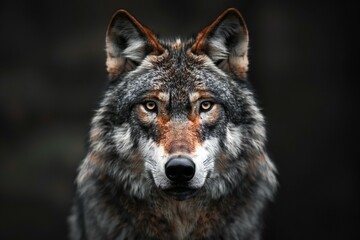 Digital image of wolf's face in the black and white photo, high quality, high resolution