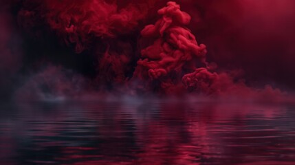 A mysterious scene where deep red smoke diffuses into a dark water background, suggesting themes of mystery and allure with a gothic twist. 
