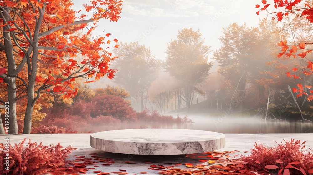 Poster The Autumn maple forest scene is a perfect backdrop for an autumn product display. This is a three-dimensional rendering of the scene.
