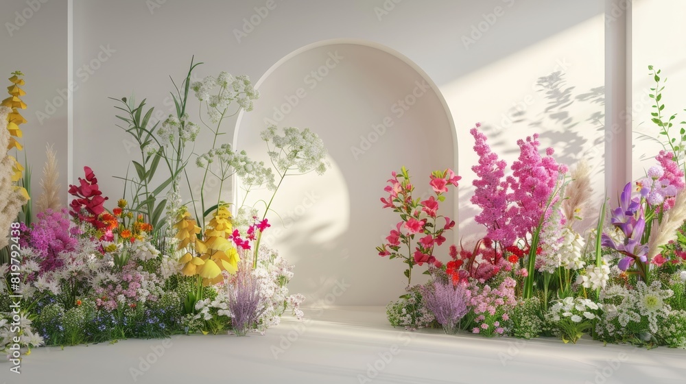 Poster a 3d rendering of a spring floral installation scene with geometric arch forms....