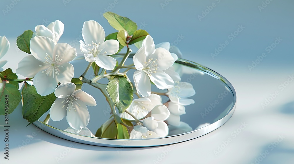 Leinwandbilder the reflection of a spring flower in a mirror on a black background in 3d.