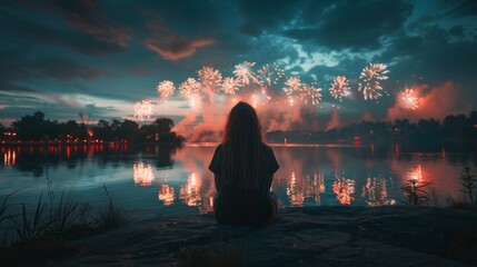 A woman sits on a rock by a lake, watching fireworks