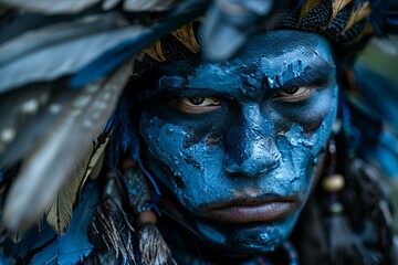 The face of a native person is blue with feathers and made with face paint