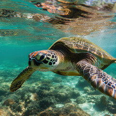 Obraz premium A sea turtle swimming under clear water