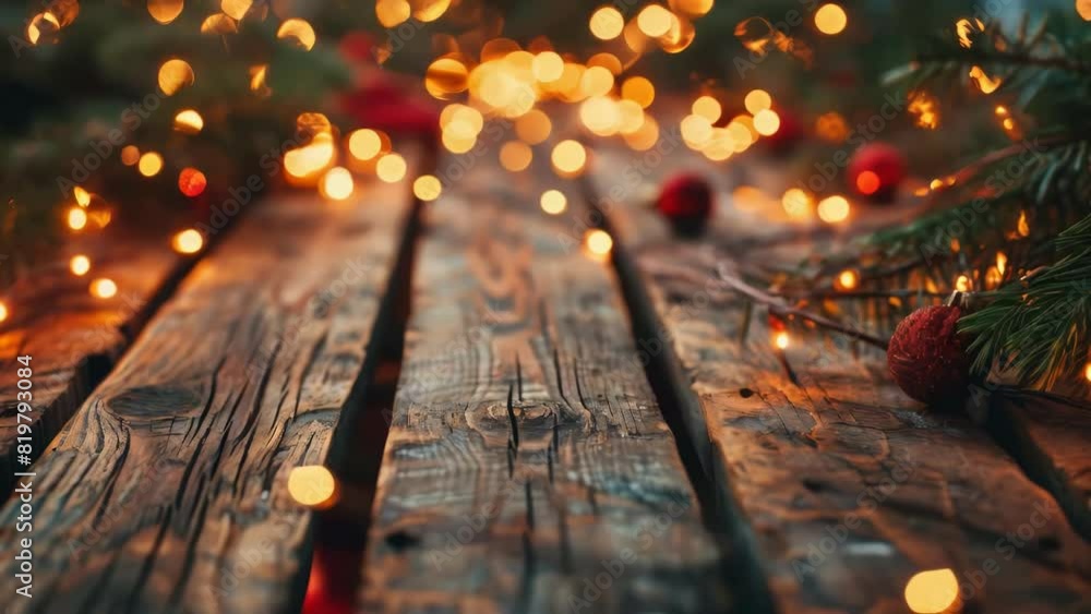 Poster a wooden table with a christmas tree on it. the tree has lights on it and there are red balls on the