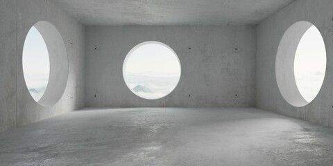 Abstract empty, modern concrete room with round window openings with cloudy mountain view and rough floor - industrial interior background template