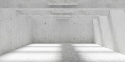 Abstract empty, modern concrete room with grid of beams in the ceiling, sunlight shadow and rough floor - industrial interior background template