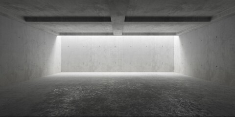 Abstract empty, modern concrete room with opening in the back, grid offset ceiling and rough floor - industrial interior background template