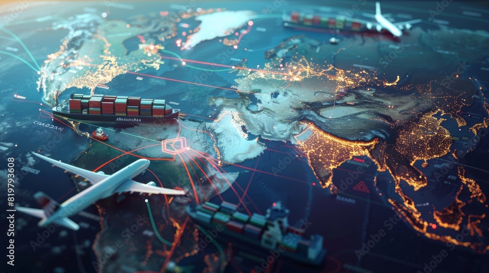 Poster global logistics network - 3d rendered map with animated transport elements highlighting worldwide s