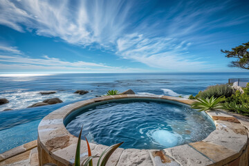 Scenic Ocean View from Hot Tub Overlooking Blue Sea and Sky.