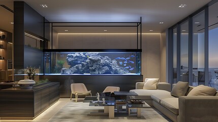 high-end modern living room with a large custom aquarium as a room divider