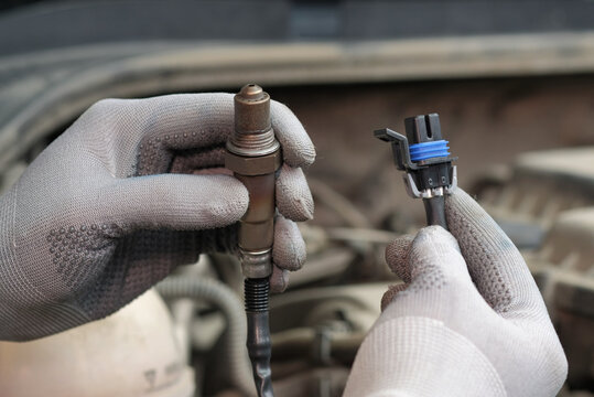 Car parts.The sensor is oxygen.An auto mechanic monitors the serviceability of the new sensor before replacing it. Repair and maintenance at the service center.