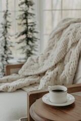 Coffee cup with blurred background of a cozy armchair covered with a blanket