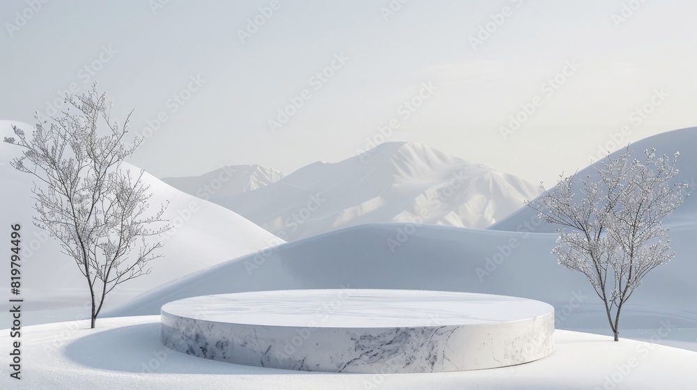 Leinwandbilder The scene shows a podium that holds a product to be displayed in an abstract winter landscape. 3D rendering of the scene...