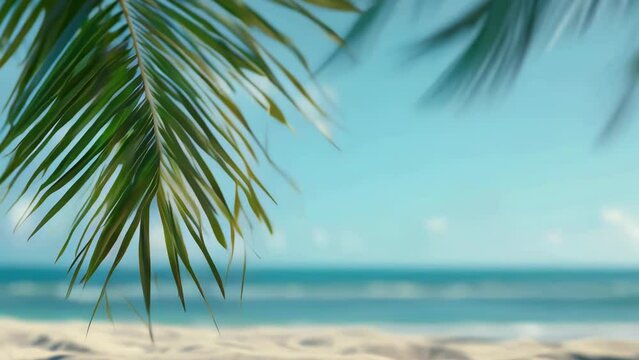 A palm tree leaf is shown in front of a blue ocean. Concept of relaxation and tranquility, as the palm tree and ocean are both associated with warm, sunny environments