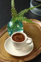 Turkish coffee on a wooden tray