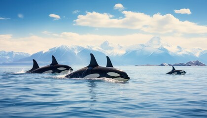Fototapeta premium Groups of Orcas or killer whales swim and hunt for prey, the top of the food chain in a sea of ​​ice floes
