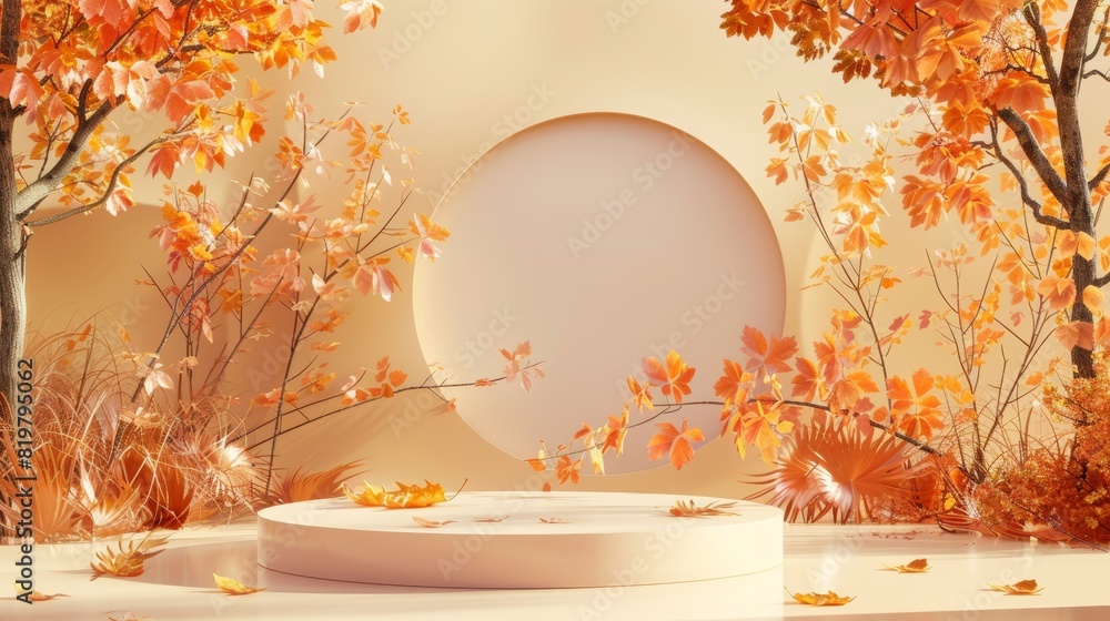 Fototapete the 3d rendering features an abstract autumn scene with a podium for displaying products.