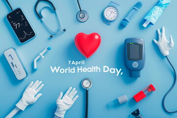 medical equipment such as blood pressure cuffs, thermometer and gloves on a blue surface with the words "April 7th World Health Day" in support of global health initiatives.