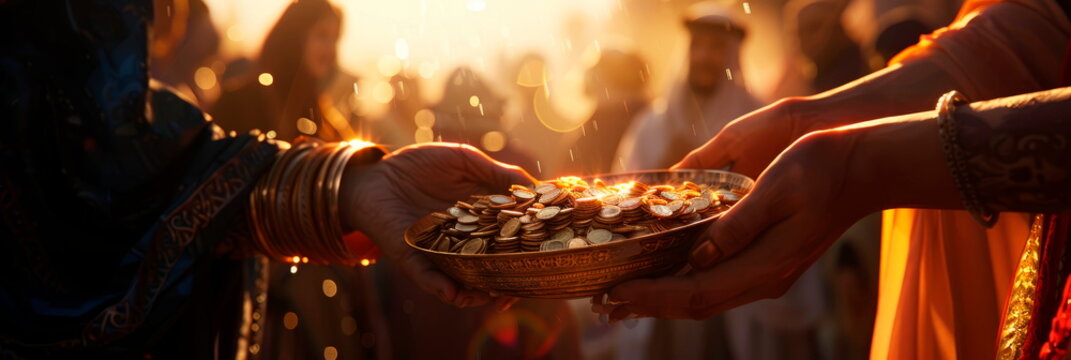 person giving zakat (charitable donation) to the needy during Ramadan, symbolizing the spirit of generosity. Generative AI