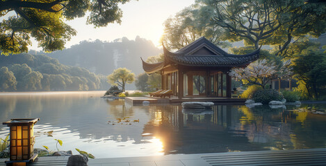 A Chinese-style house by the huge lake. gauze, flowering tree, summer sunshine, dreamy, romantic....