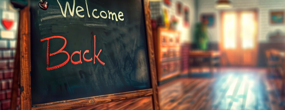A digital blackboard showing a heartwarming Welcome Back message, celebrating teachers and students reuniting.