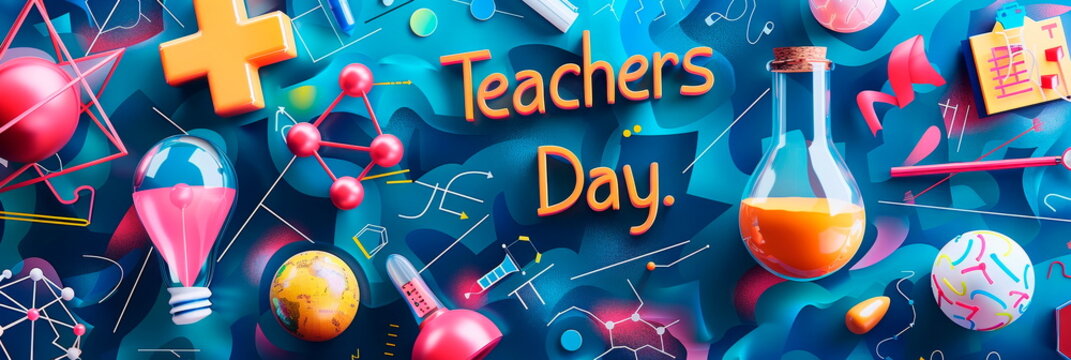 A festive banner arranged Teachers Day representing various subjects like math, science, literature, - Powered by Adobe
