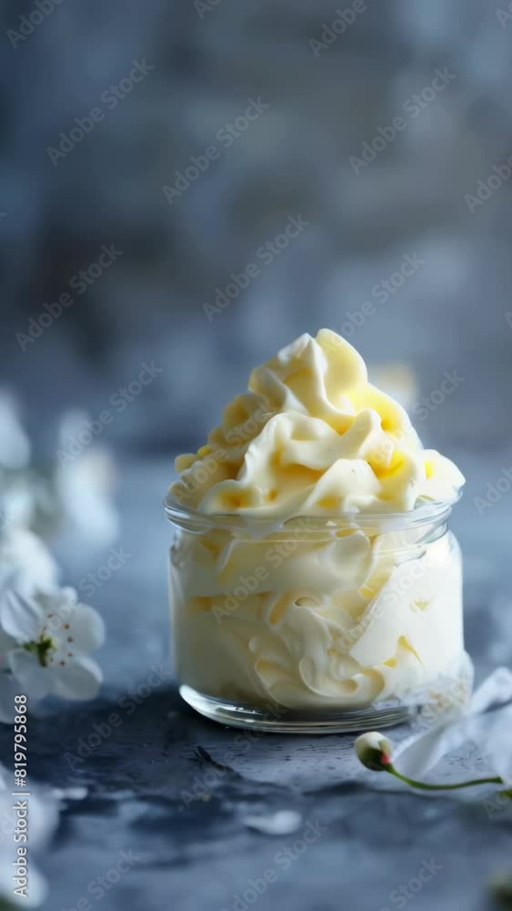 Poster a jar of whipped cream sits on a table with a vase of flowers in the background. the jar is almost e