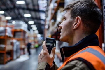 Logistics Professional Coordinating Supply Chain Operations Using Walkie Talkie in Busy Warehouse