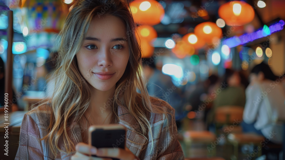 Poster a woman in a bustling cafe joins a video meeting on her smartphone. the background blurs into colorf
